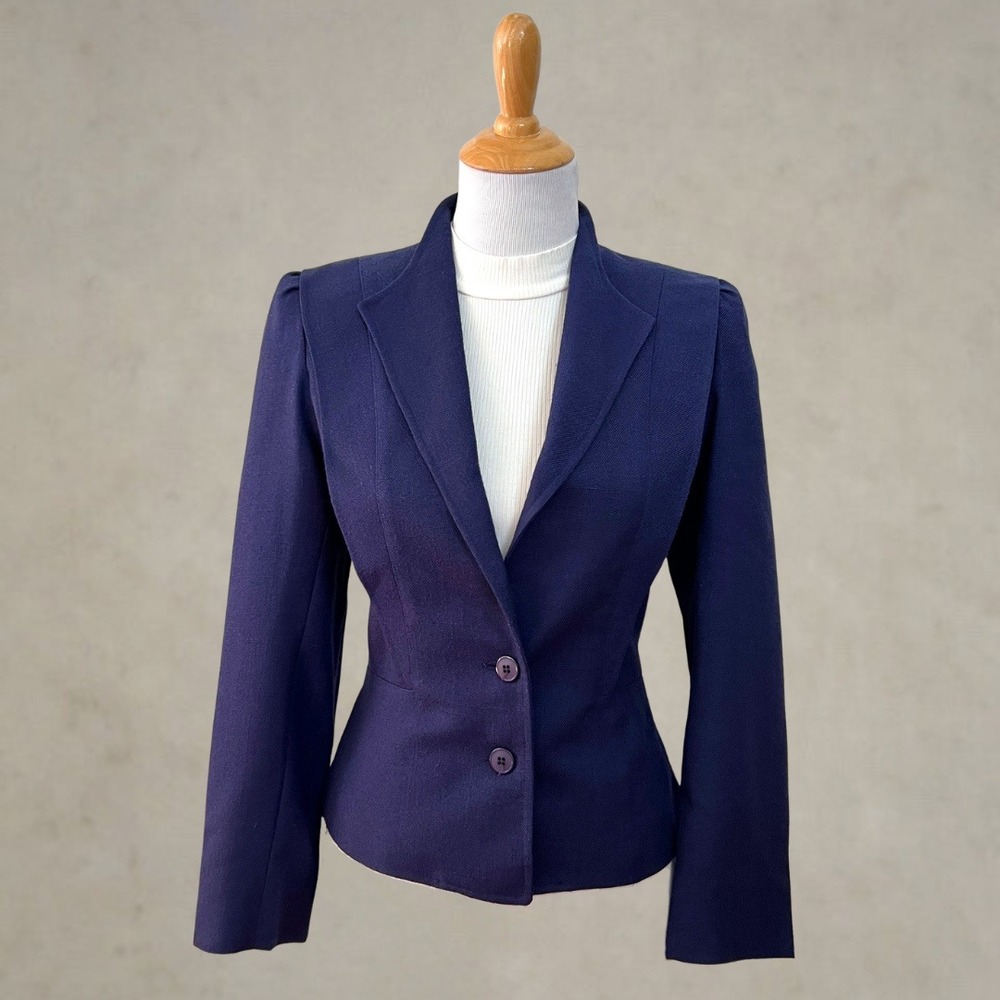 Vintage 80s Jacques Navy Pleated Puff Shoulder Blazer Jacket 4 USA
